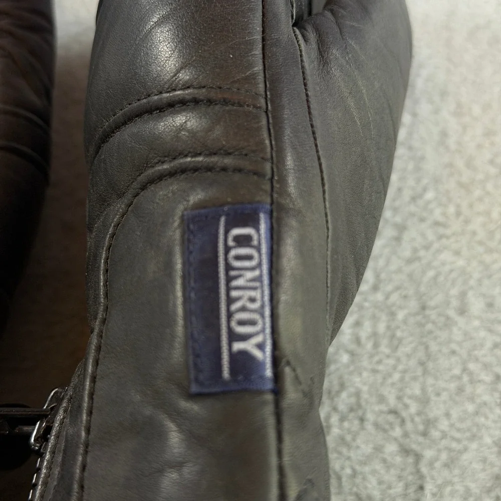 Vintage Conroy Black Leather Mittens Womens Medium Blue Fleece Lined Zipper Back
